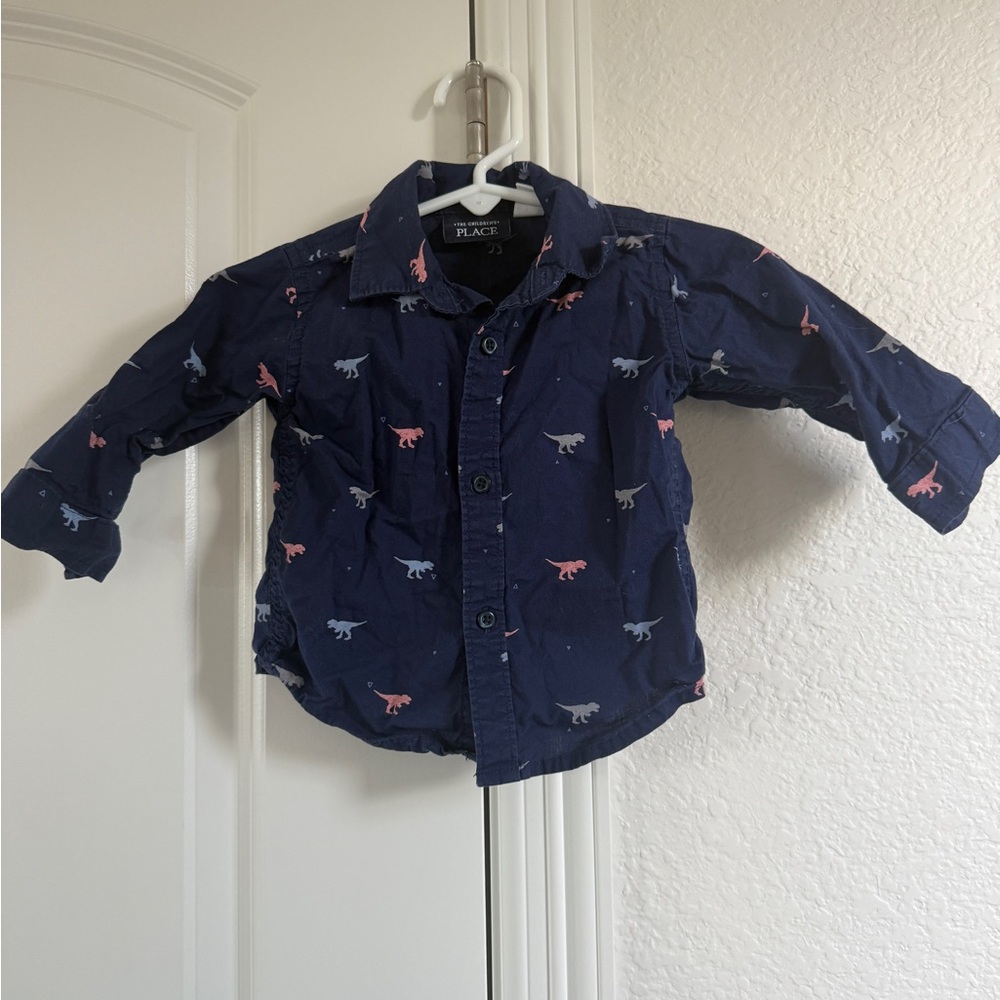 The Children's Place Navy Button down Shirt with Dinosaur Design
